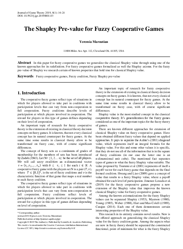 (PDF) The Shapley Value in Fuzzy Simple Cooperative Games