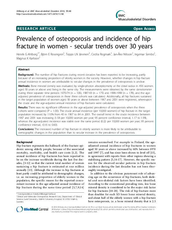 (PDF) Prevalence of osteoporosis and incidence of hip fracture in women ...