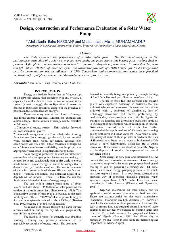 (PDF) Design, construction and Performance Evaluation of a Solar Water Pump