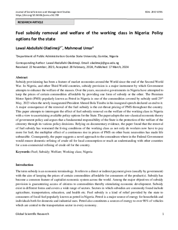 (PDF) Fuel subsidy removal and welfare of the working class in Nigeria ...