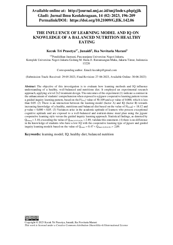 (PDF) The Influence of Learning Model and Iq on Knowledge of a Balanced ...