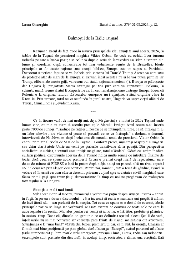 (PDF) Balmosul politic de la Baile Tusnad