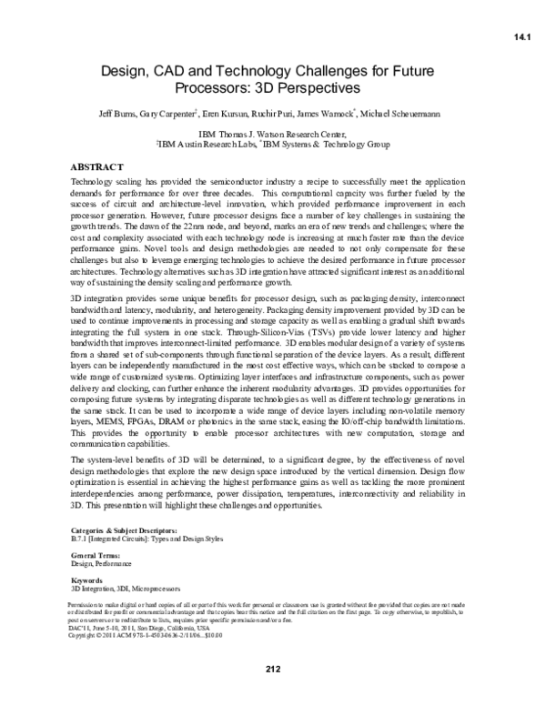 Design, CAD and Technology Challenges for Future Processors: 3D Perspectives