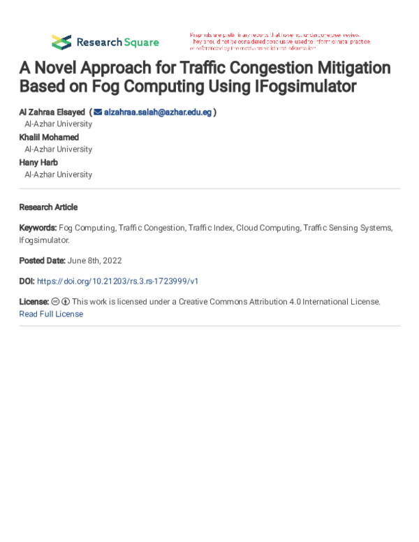 (PDF) A Novel Approach for Traffic Congestion Mitigation Based on Fog ...