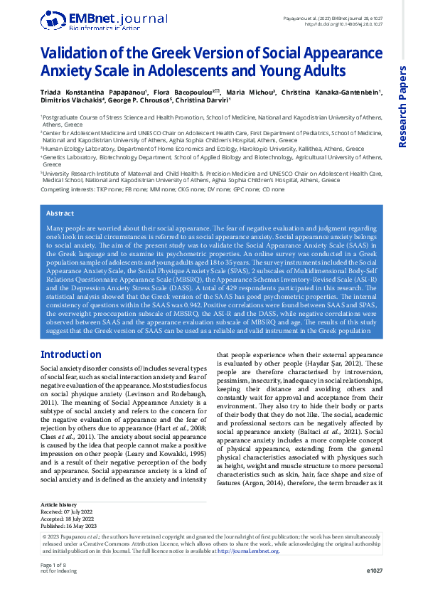 (PDF) Validation of the Greek Version of Social Appearance Anxiety ...