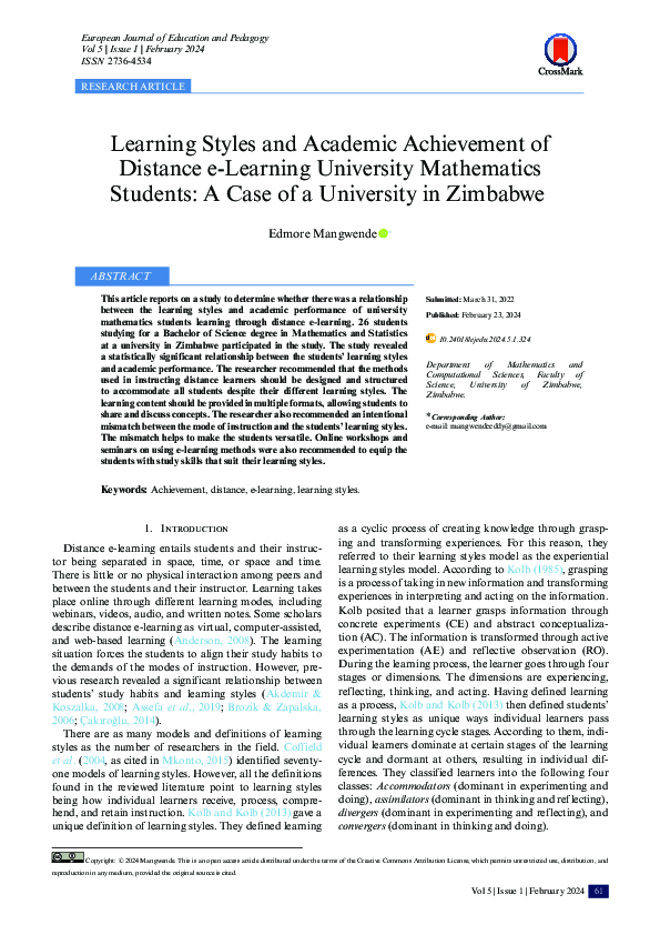 (PDF) Learning Styles and Academic Achievement of Distance e-Learning ...
