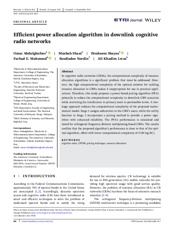 (PDF) Efficient power allocation algorithm in downlink cognitive radio ...