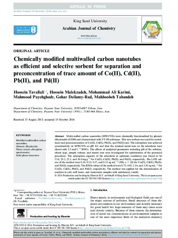 (PDF) Chemically modified multiwalled carbon nanotubes as efficient and ...