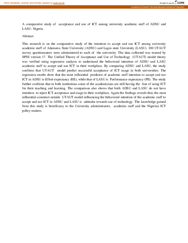 (PDF) A comparative study of acceptance and use of ICT among university ...