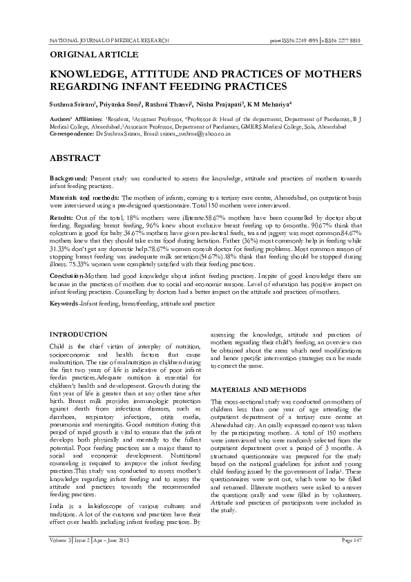 (PDF) KNOWLEDGE, ATTITUDE AND PRACTICES OF MOTHERS REGARDING INFANT ...