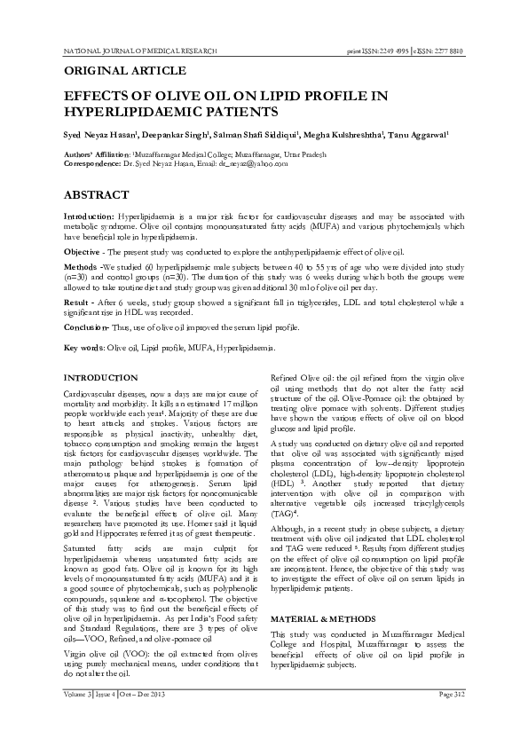 (PDF) EFFECTS OF OLIVE OIL ON LIPID PROFILE IN HYPERLIPIDAEMIC PATIENTS