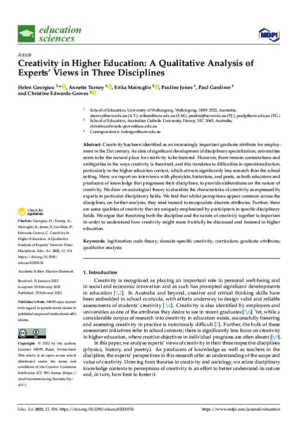 (PDF) Creativity in Higher Education: A Qualitative Analysis of Experts ...
