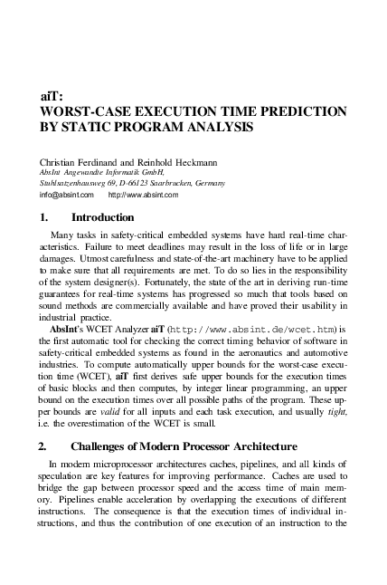 (PDF) aiT: Worst-Case Execution Time Prediction by Static Program Analysis