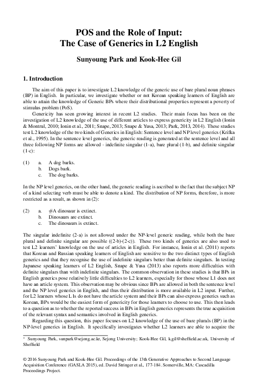 (PDF) POS and the Role of Input: The Case of Generics in L2 English