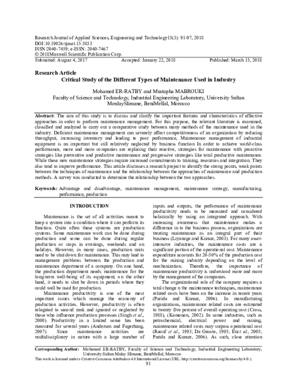 (PDF) Critical Study of the Different Types of Maintenance Used in Industry