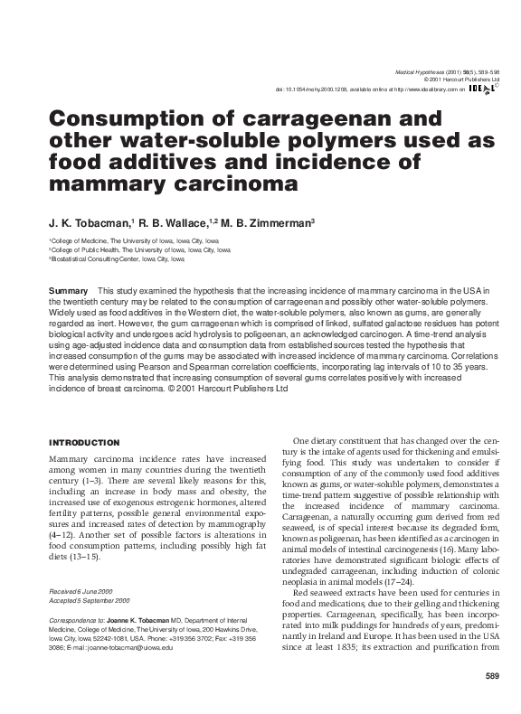 Consumption of carrageenan and other water-soluble polymers used as food additives and incidence of mammary carcinoma
