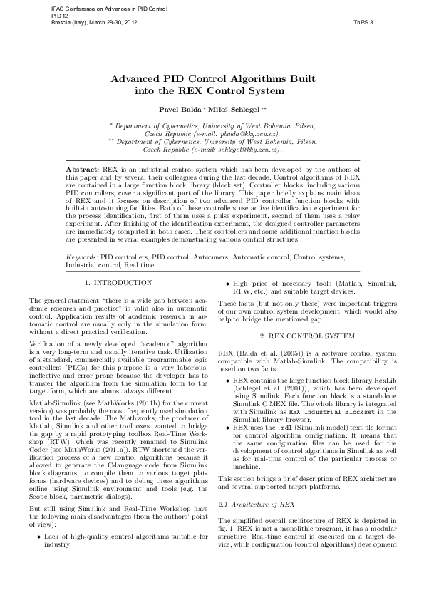 (PDF) Advanced PID Control Algorithms Built into the REX Control System