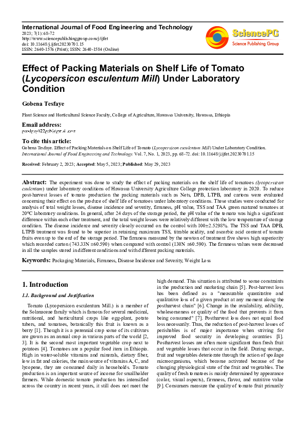 (PDF) Effect of Packing Materials on Shelf Life of Tomato (Lycopersicon ...