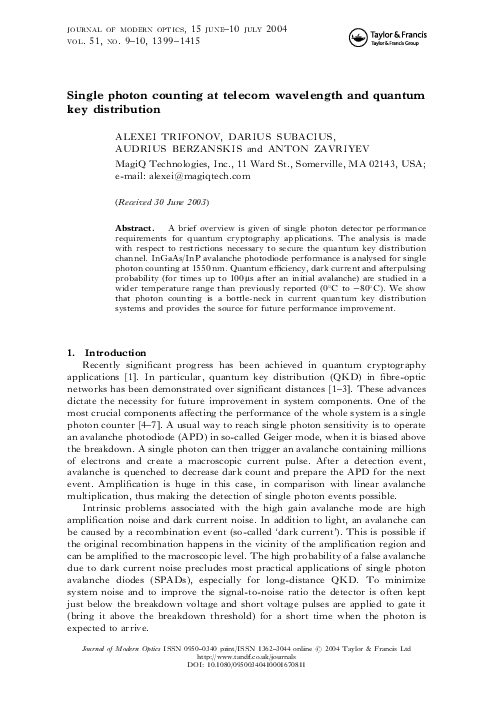 (PDF) Single photon counting at telecom wavelength and quantum key ...