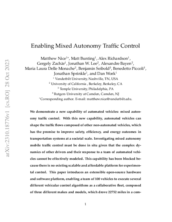 (PDF) Enabling Mixed Autonomy Traffic Control