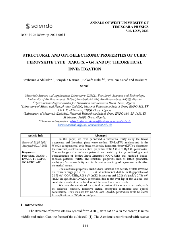 (PDF) Structural and Optoelectronic Properties of Cubic Perovskite Type ...