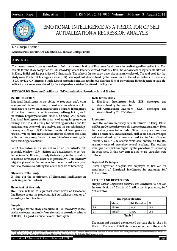 (PDF) EMOTIONAL INTELLIGENCE AS A PREDICTOR OF SELF ACTUALIZATION-A ...
