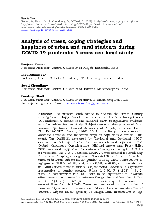 (PDF) Analysis of stress, coping strategies and happiness of urban and ...