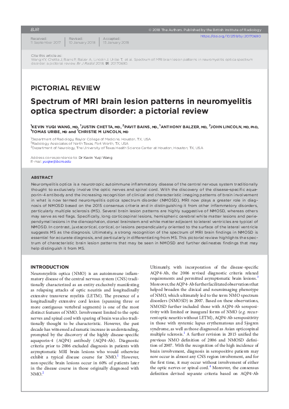 (PDF) Spectrum of MRI brain lesion patterns in neuromyelitis optica ...