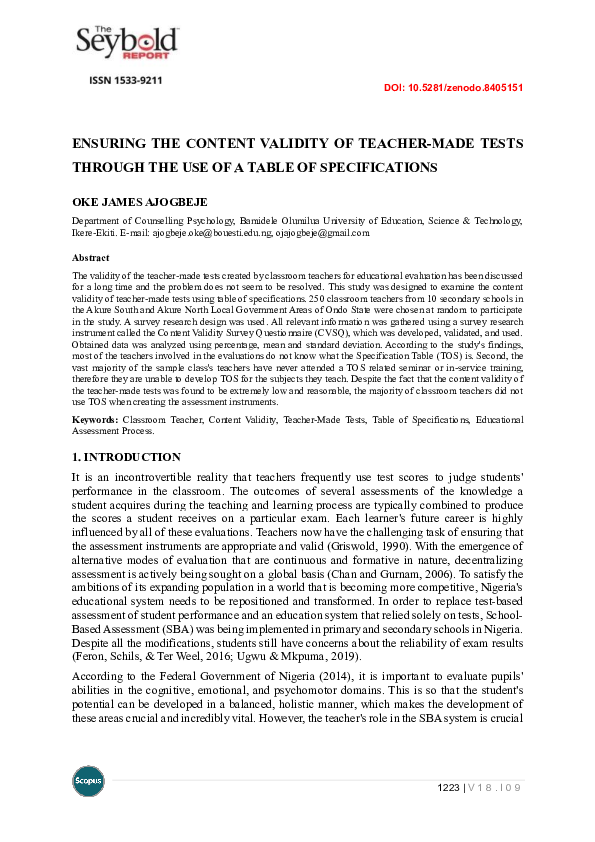 (PDF) Ensuring the Content Validity of Teacher-Made Tests Through the ...
