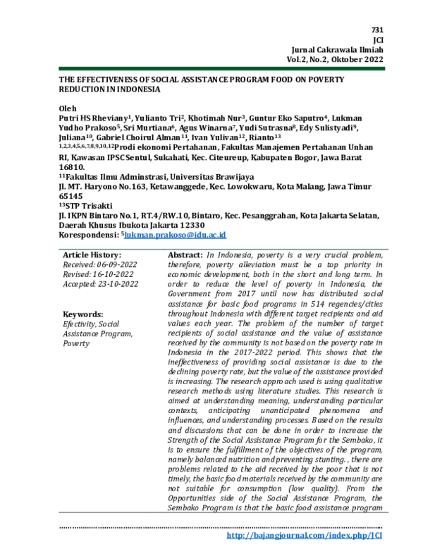 (PDF) The Effectiveness of Social Assistance Program Food on Poverty ...