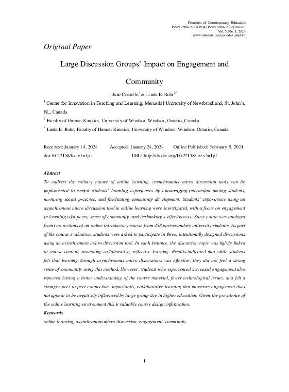 (PDF) Large Discussion Groups’ Impact on Engagement and Community