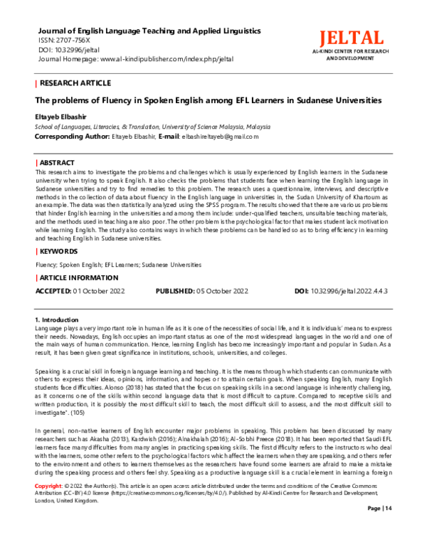 (PDF) The problems of Fluency in Spoken English among EFL Learners in ...