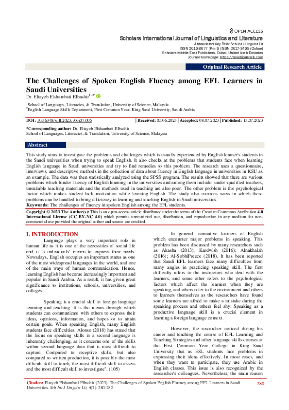 (PDF) The Challenges of Spoken English Fluency among EFL Learners in ...
