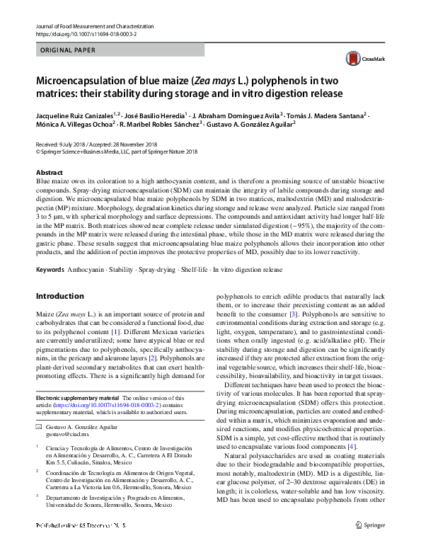 (PDF) Microencapsulation of blue maize (Zea mays L.) polyphenols in two ...
