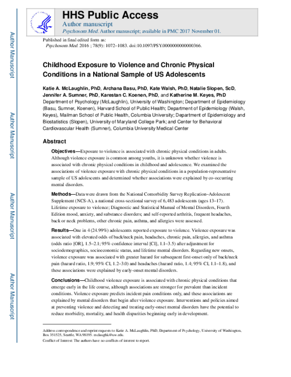 (PDF) Childhood Exposure to Violence and Chronic Physical Conditions in ...