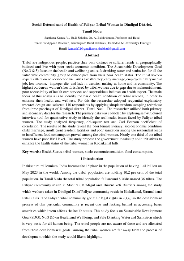 (PDF) Social Determinant of Health of Paliyar Tribal Women in Dindigul ...