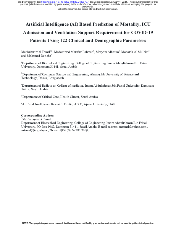 (PDF) Artificial Intelligence (AI) Based Prediction of Mortality, ICU ...