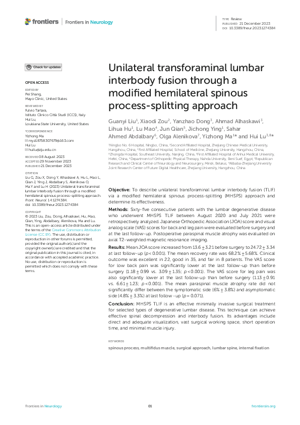 (PDF) Unilateral transforaminal lumbar interbody fusion through a ...