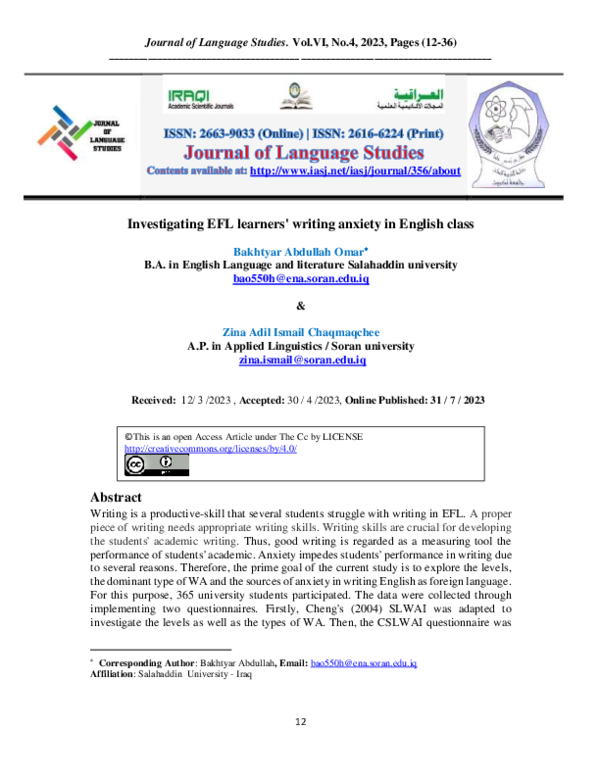 (PDF) Investigating EFL learners' writing anxiety in English class