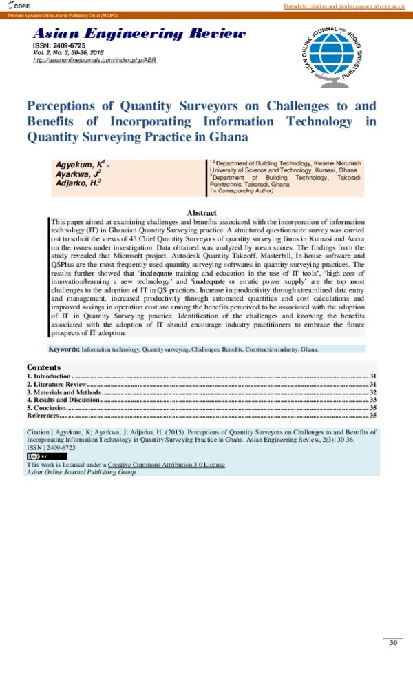 (PDF) Perceptions of Quantity Surveyors on Challenges to and Benefits ...