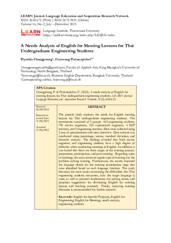 (PDF) A Needs Analysis of English for Meeting Lessons for Thai ...