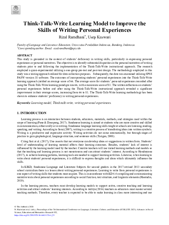 (PDF) Think-Talk-Write Learning Model to Improve the Skills of Writing ...
