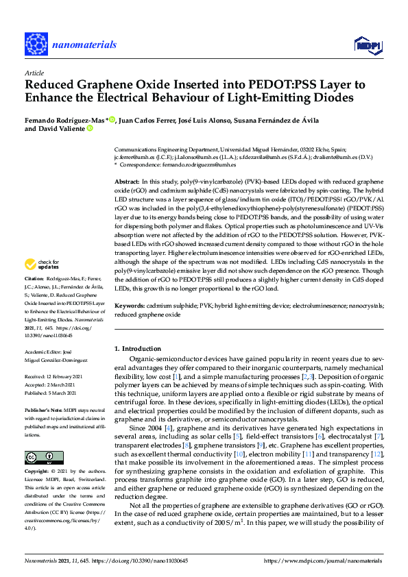 (PDF) Reduced Graphene Oxide Inserted into PEDOT:PSS Layer to Enhance ...