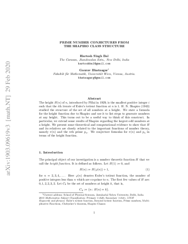 (PDF) Prime number conjectures from the Shapiro class structure