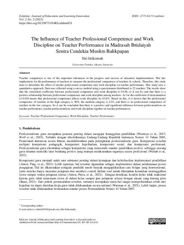 (PDF) The Influence of Teacher Professional Competence and Work ...