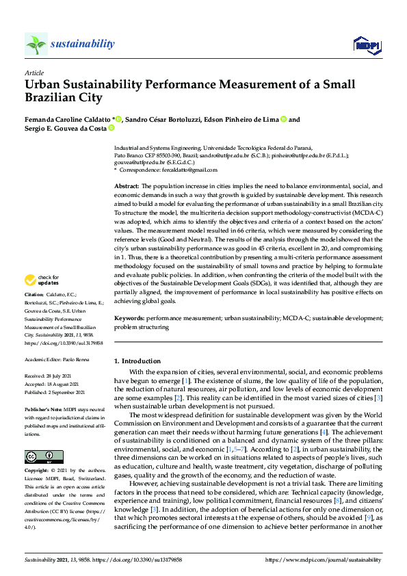 (PDF) Urban Sustainability Performance Measurement of a Small Brazilian ...