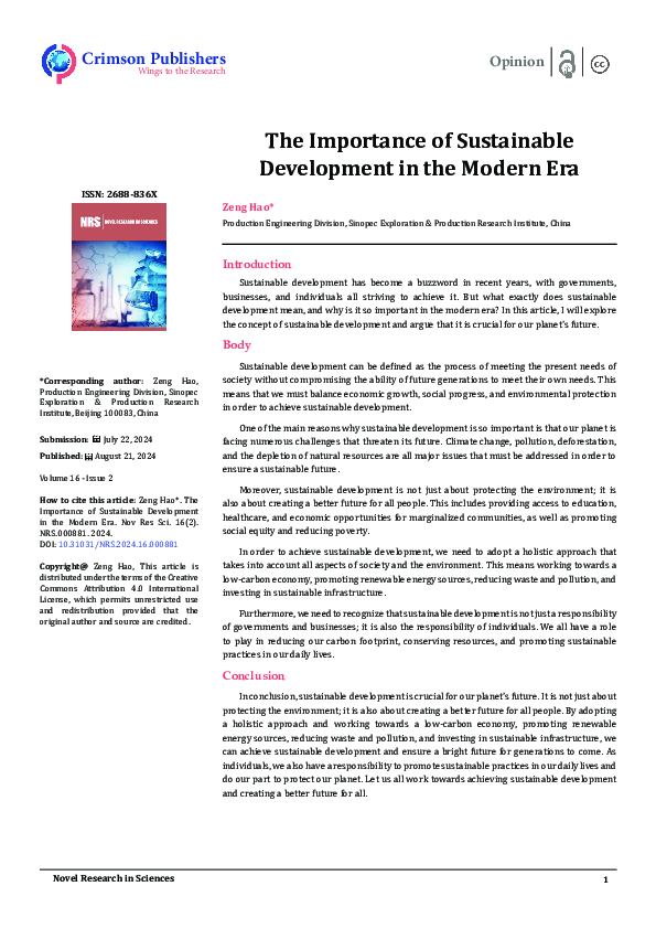 (PDF) The Importance of Sustainable Development in the Modern Era