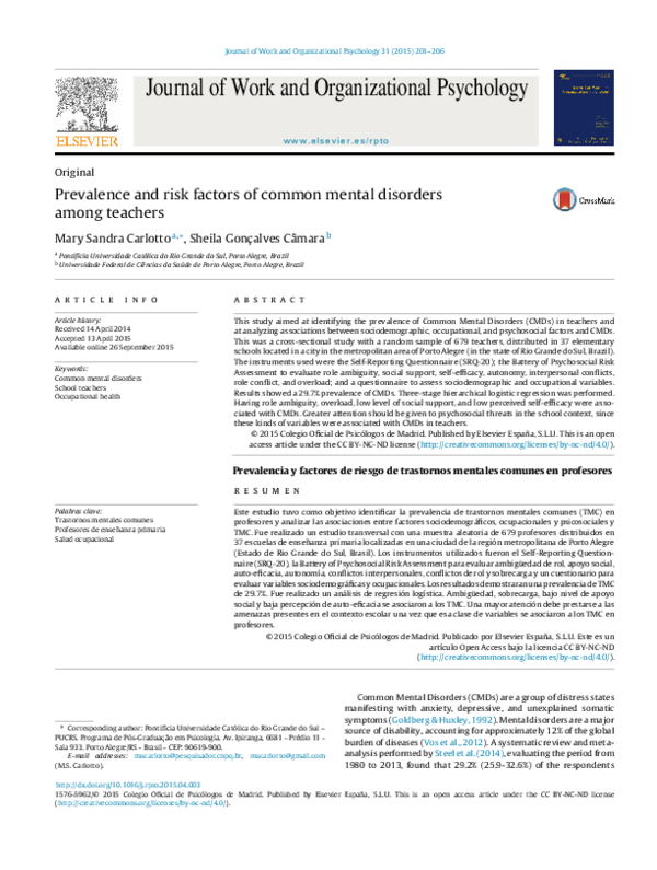(PDF) Prevalence and risk factors of common mental disorders among teachers