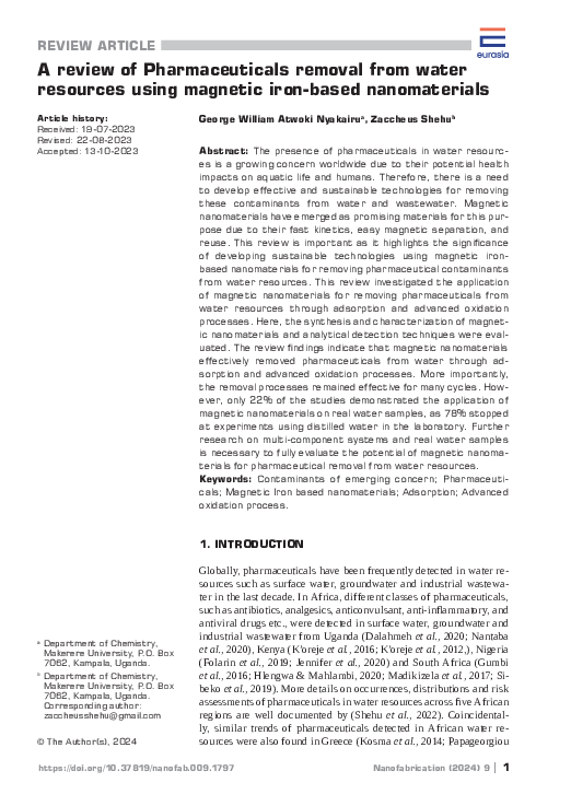 (PDF) A review of Pharmaceuticals removal from water resources using ...
