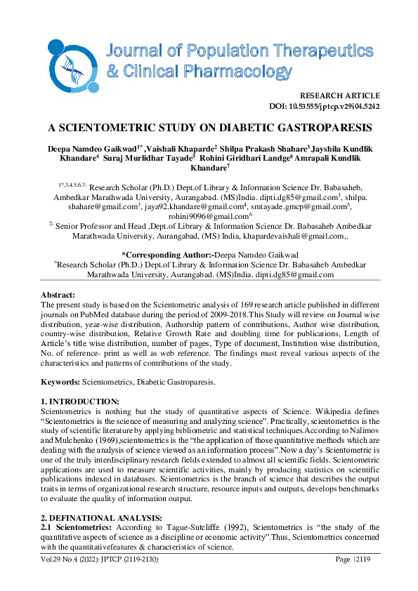 (PDF) A Scientometric Study on Diabetic Gastroparesis